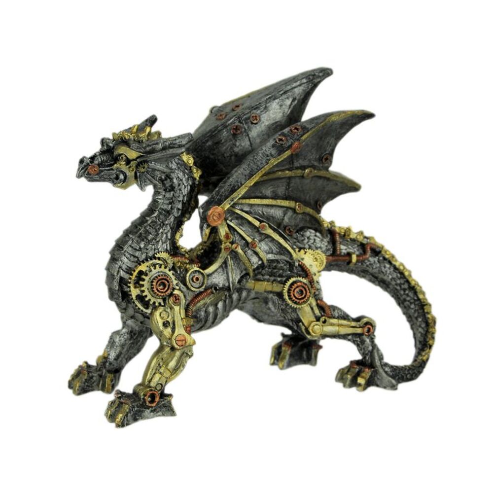 Metallic Silver and Gold Gothic Steampunk Dragon Statue